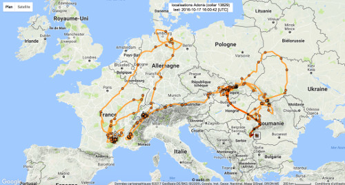 Carte du déplacement d'Adonis. Le dernier point GPS date du 17 octobre dans le sud-ouest de la Roumanie